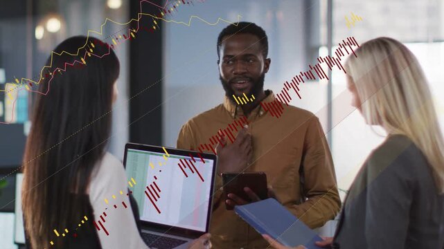 Center man leading finance talk after left woman presenting laptop, animated charts overlaying team
