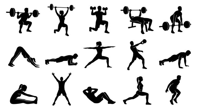 Fitness Workout Exercise Black  White Glyph Silhouettes Icon Set