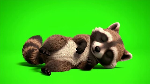 Playful Adorable Cartoon Raccoon Cub Rolling and Relaxing on a Vibrant Green Screen Background Captured in a Dynamic Studio