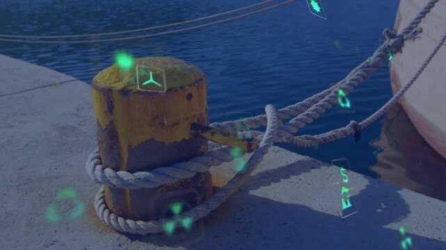 Appearing green icons drifting across pier to yellow bollard, ropes and boat hull, showing eco data