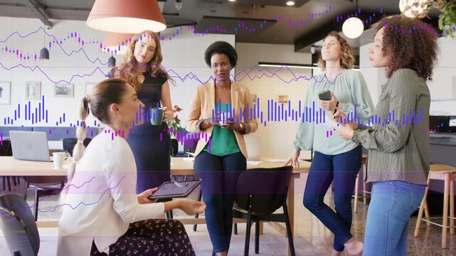 Presenting seated woman in blouse showing tablet, gesturing in open-plan office, waveform overlay