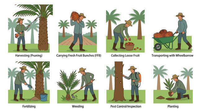 Palm tree cultivation process steps infographic with worker