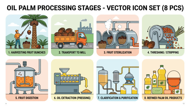Oil palm processing stages vector icons set shows harvesting, transport, sterilization, threshing, digestion, extraction, clarification, and refined products