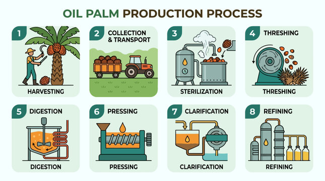 Oil palm production process steps illustrated harvesting to refining