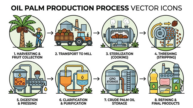 Oil palm production process steps vector icons illustrating harvesting, fruit collection, transport, sterilization, threshing, digestion, clarification, storage, refining