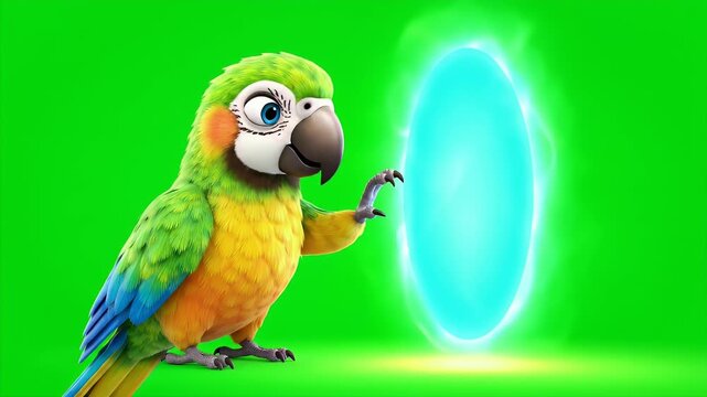 A Playful Animated Green Parrot Interacts with a Glowing Blue Portal on a Bright Green Screen Background in a Studio Setting