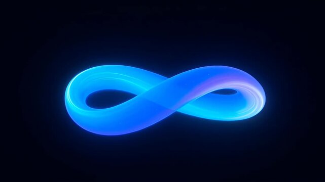 Abstract blue infinity symbol glowing neon loop shape dark background, futuristic minimal design with luminous halo, abstract neon circle light and glowing orb, endless concept for SEO search