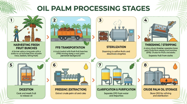 Oil palm processing stages infographic palm oil production steps