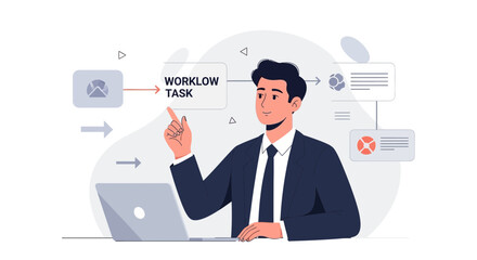 Fototapeta premium Businessman pointing at workflow task on laptop, business process concept