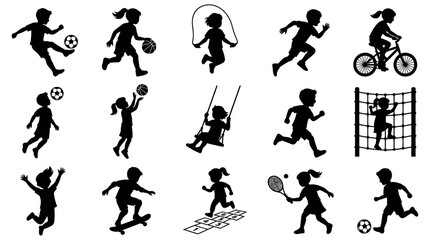 Fototapeta premium Black and White Silhouette of Children Playing Sports and Activities