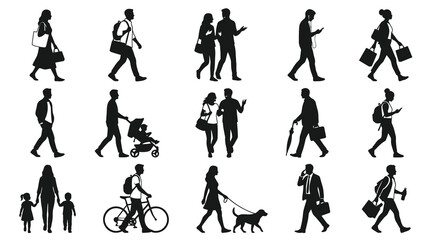 Fototapeta premium Diverse People Walking Silhouettes Vector Set - Urban Life Daily Activities