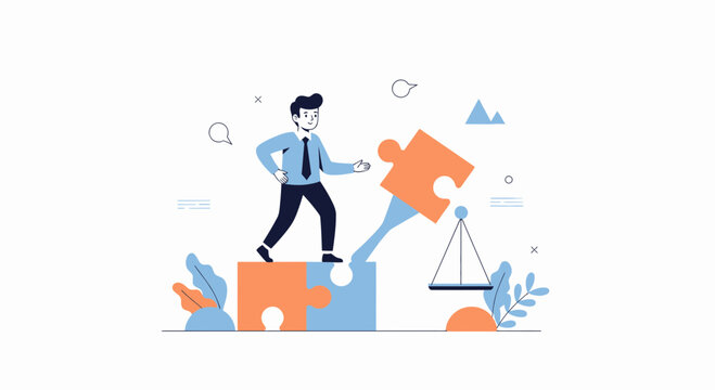 Businessman stepping on puzzle pieces, moving towards justice scale