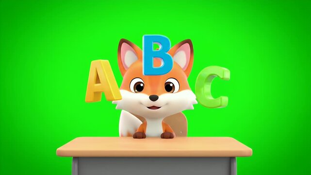 Playful Cartoon Fox Cub Appears On A Wooden Desk Interacting With Large Colorful Alphabet Letters A B C Floating Around Its Head