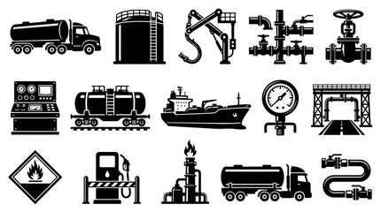 Obraz premium Oil and Gas Industry Icons: Trucks, Tanks, Pipes, Ship, Gauge, Refinery, Crane