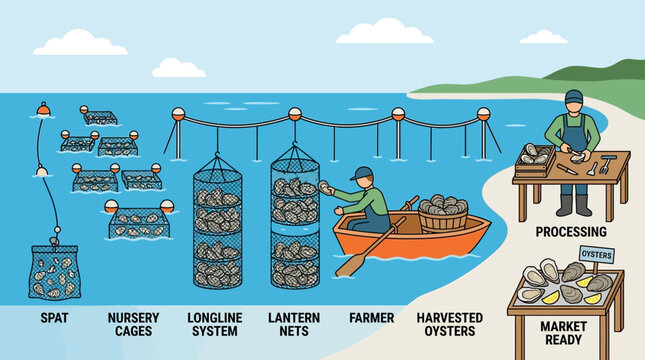 Oyster farming process illustration with farmer harvesting and processing oysters