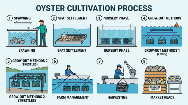 Oyster cultivation process steps from spawning to market ready