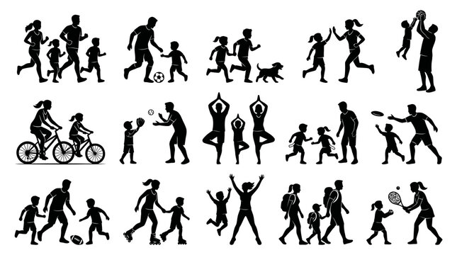 Family Sports, Fitness  Lifestyle Activities - Black  White Silhouette Vector Icons Set