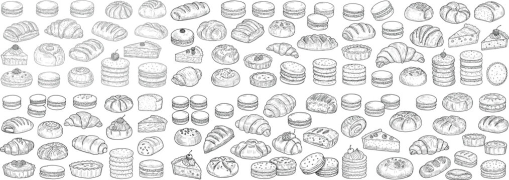 A delightful array of pastries and desserts in intricate sketches, showcasing elegance and variety.