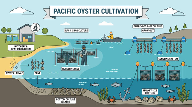 Pacific oyster cultivation process diagram showing hatchery, nursery, rack and bag culture, and suspended raft culture methods for oyster larvae to market-size oysters.
