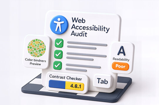 3D illustration of a web accessibility audit tool showcasing features like color binders and contrast checker.