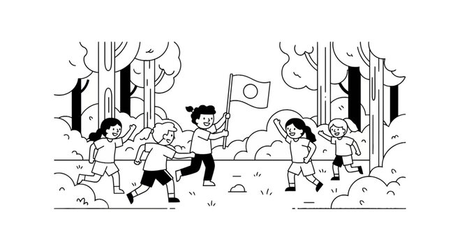 Group of happy children playing capture the flag in the forest