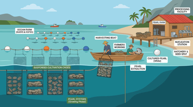 Pearl farming process showing ocean cultivation and harvesting techniques