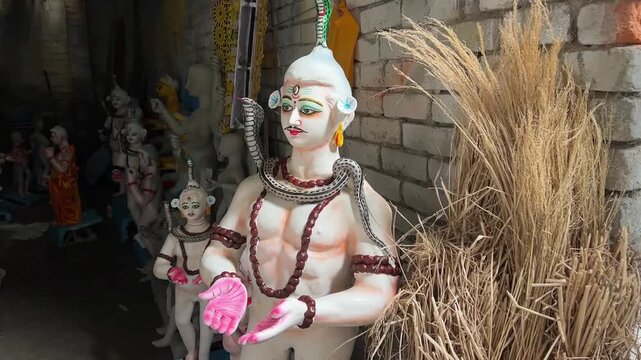 Lord Shiva as Bhole Baba, a Bengali-style clay idol showcased in Kolkata, represents the rich spiritual heritage and traditional sculpture industry of India.