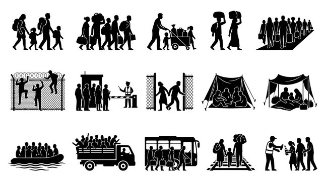 Black and white glyph icons of refugees and migrants crossing borders and seeking asylum
