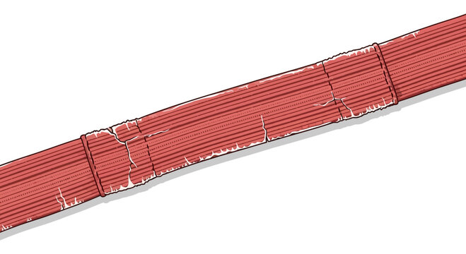 Abstract textured red cylinder with cracks and lines on white background