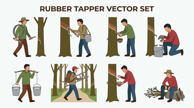 Rubber tapper worker vector set showing various actions of collecting latex from trees with tools and buckets