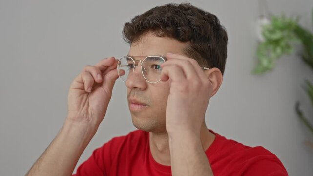 Young hispanic man adjusting eyeglasses while tilting head up in studio, clear metal frames and plant at wall; thoughtful reflection.