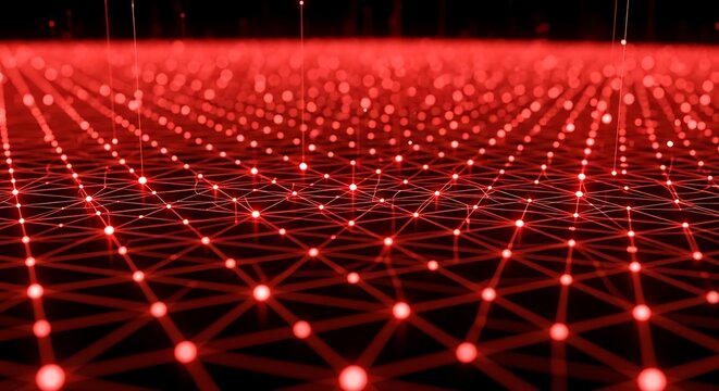 Abstract glowing red digital network connection with geometric structure and connecting lines, symbolizing data transfer and technology