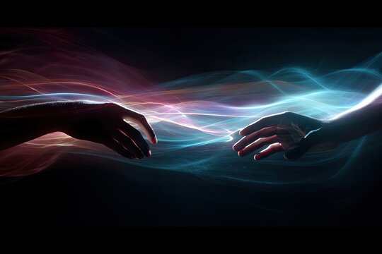 Two hands reaching across a flowing energy divide
