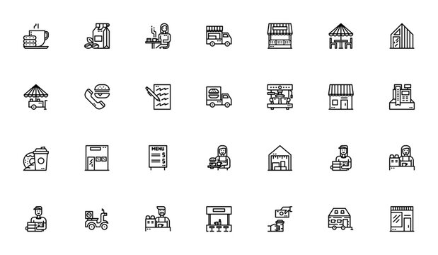 Coffee shop icon set. Vector collection featuring coffee break, delivery, barista, cafe, menu, payment, truck, market and more. Editable thin line icons.