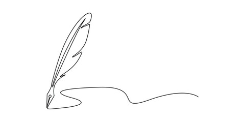 Continuous line drawing of a feather quill pen for writing and literature Minimalist one line art of a fountain pen or quill for poetry and education Single line illustration of a vintage quill pen © aminul788