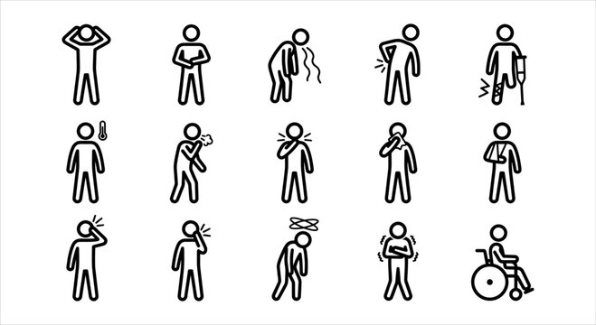 Comprehensive stick figure icon set displaying various human body pains, illnesses, and medical symptoms