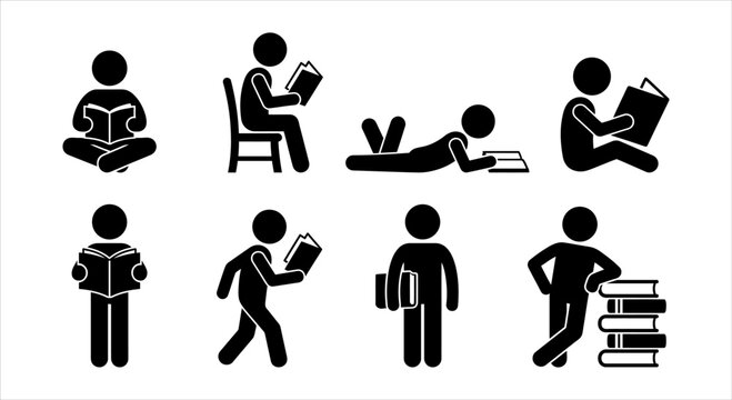 Stick Figure Icons Illustrating People Reading, Studying, and Learning