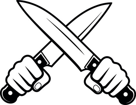Two crossed hands gripping crossed knives in a confrontation stance