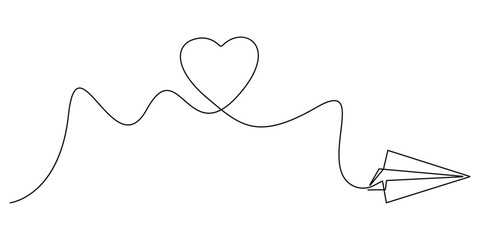 Fototapeta premium Continuous one line drawing of a paper plane with a heart shape. Minimalist single line vector illustration of love, travel, and romantic message concept