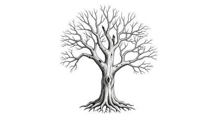 Obraz premium Detailed illustration of a large, bare deciduous tree with extensive branches and roots