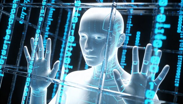 Humanoid Robot Trapped in Digital Blue Matrix Data Cage