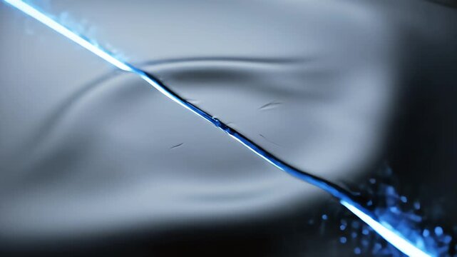 Abstract glowing blue laser beam cutting through a dark liquid surface creating ripples and dynamic wave patterns, high contrast macro composition with soft light