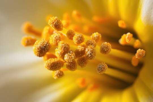 Macro Photography of a Yellow Flower Stamen Covered in Pollen Grains with Soft Focus Background anther
