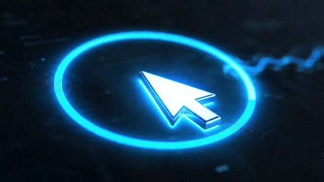 3D white mouse cursor icon with a glowing blue neon circle on a dark digital background.