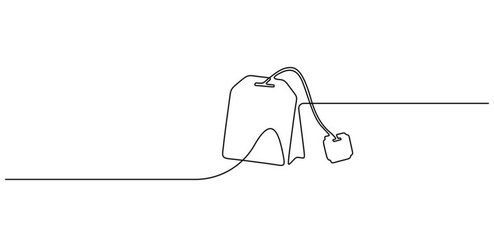 Continuous one line drawing of tea bag minimalist herbal drink and breakfast concept vector Single line art of a tea bag with label, minimalist icon for caf&eacute;, restaurant, and hot beverage logo