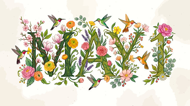 Floral May 1st Textual Arrangement Blossoming Month with Hummingbirds Botanical Typography for Seasonal Greetings Springtime Celebration Design