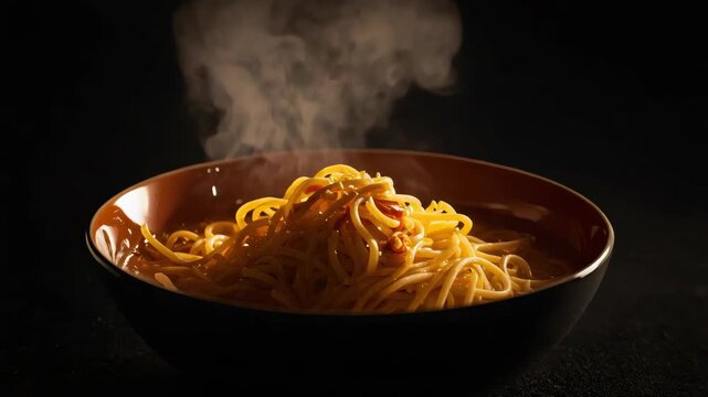 Steaming spaghetti pasta with tomato sauce in bowl italian comfort warmth and cozy aroma