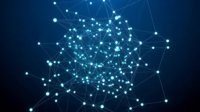Abstract glowing network of connected nodes and lines on a dark blue background, representing digital connections and data transfer in a futuristic concept