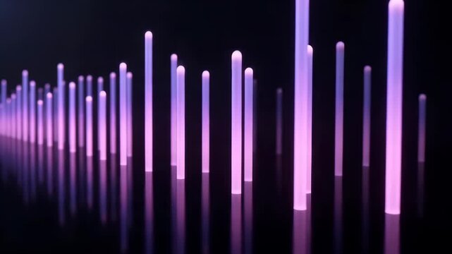 Abstract digital visualization of glowing purple light bars creating a futuristic and dynamic sound wave or data flow representation with vibrant reflections