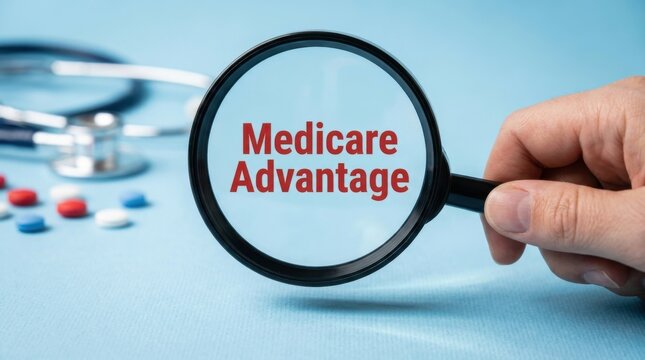 Medicare Advantage text on magnifying glass held over stethoscope and pills.